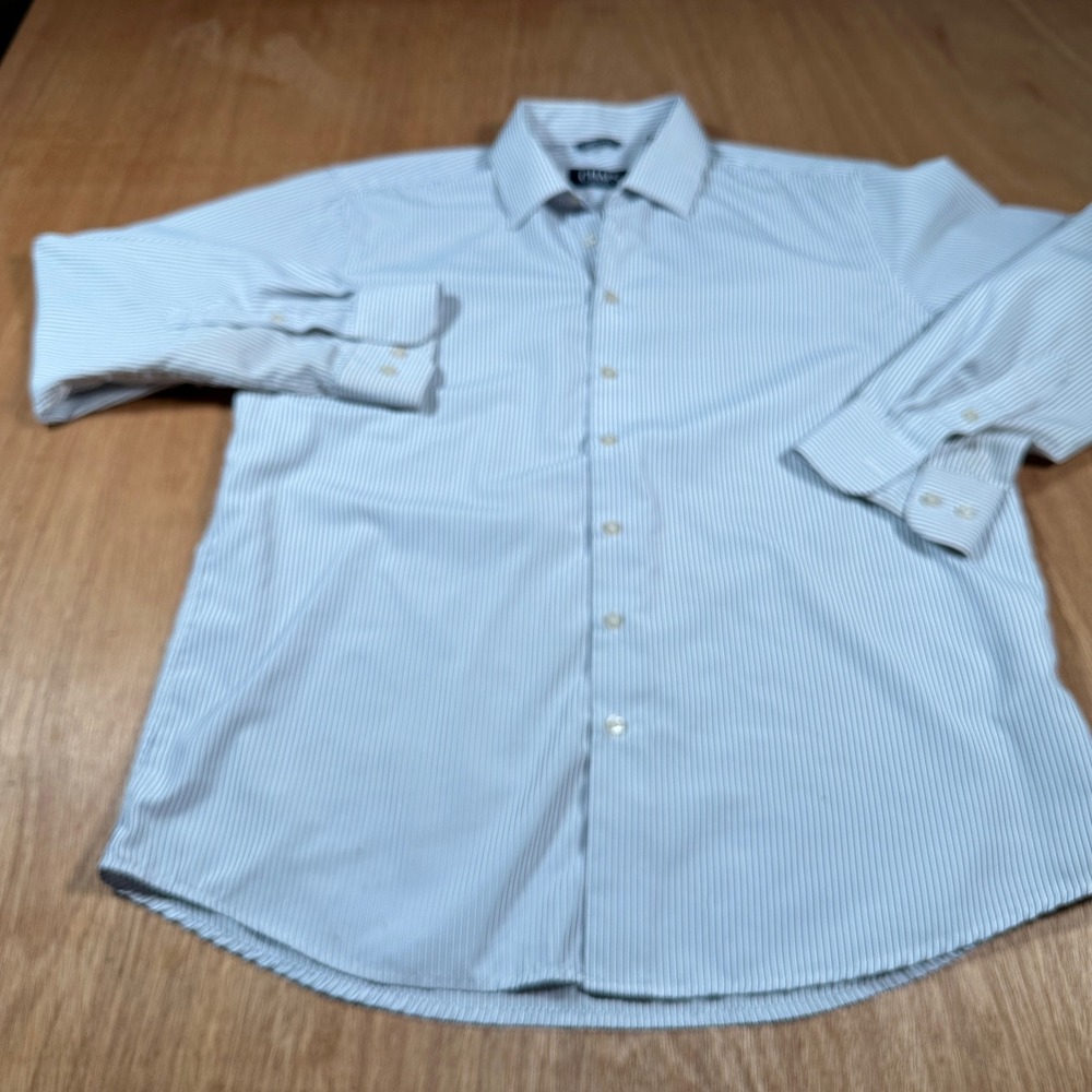 Chaps Button Down Shirt Mens M White Blue Striped Regular Fit Microfiber Long Sl